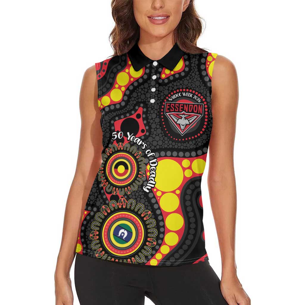 Essendon Bombers NAIDOC Week 2026 Personalised Women Sleeveless Polo Shirt 50 Years of Deadly Aboriginal Art