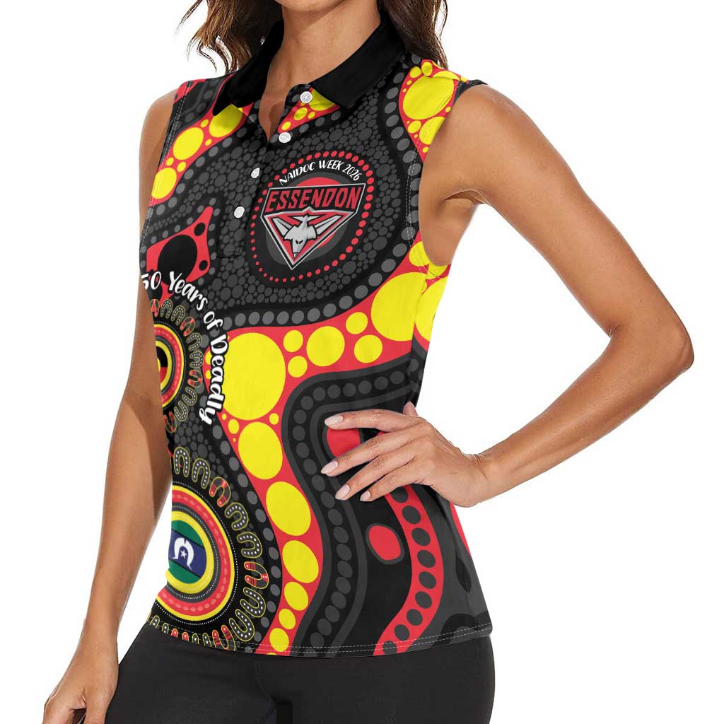 Essendon Bombers NAIDOC Week 2026 Personalised Women Sleeveless Polo Shirt 50 Years of Deadly Aboriginal Art