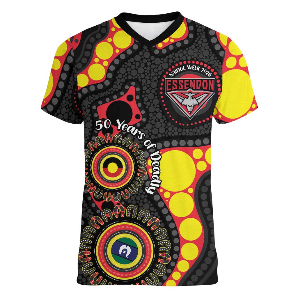 Essendon Bombers NAIDOC Week 2026 Personalised Women V-Neck T-Shirt 50 Years of Deadly Aboriginal Art