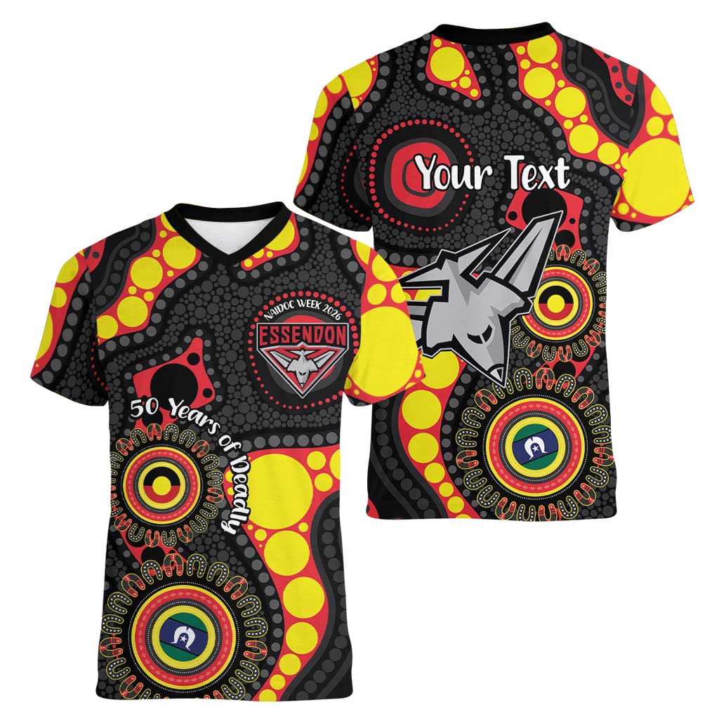 Essendon Bombers NAIDOC Week 2026 Personalised Women V-Neck T-Shirt 50 Years of Deadly Aboriginal Art