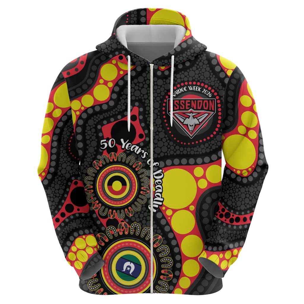 Essendon Bombers NAIDOC Week 2026 Personalised Zip Hoodie 50 Years of Deadly Aboriginal Art