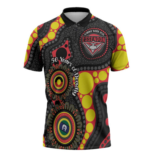 Essendon Bombers NAIDOC Week 2026 Personalised Zipper Polo Shirt 50 Years of Deadly Aboriginal Art