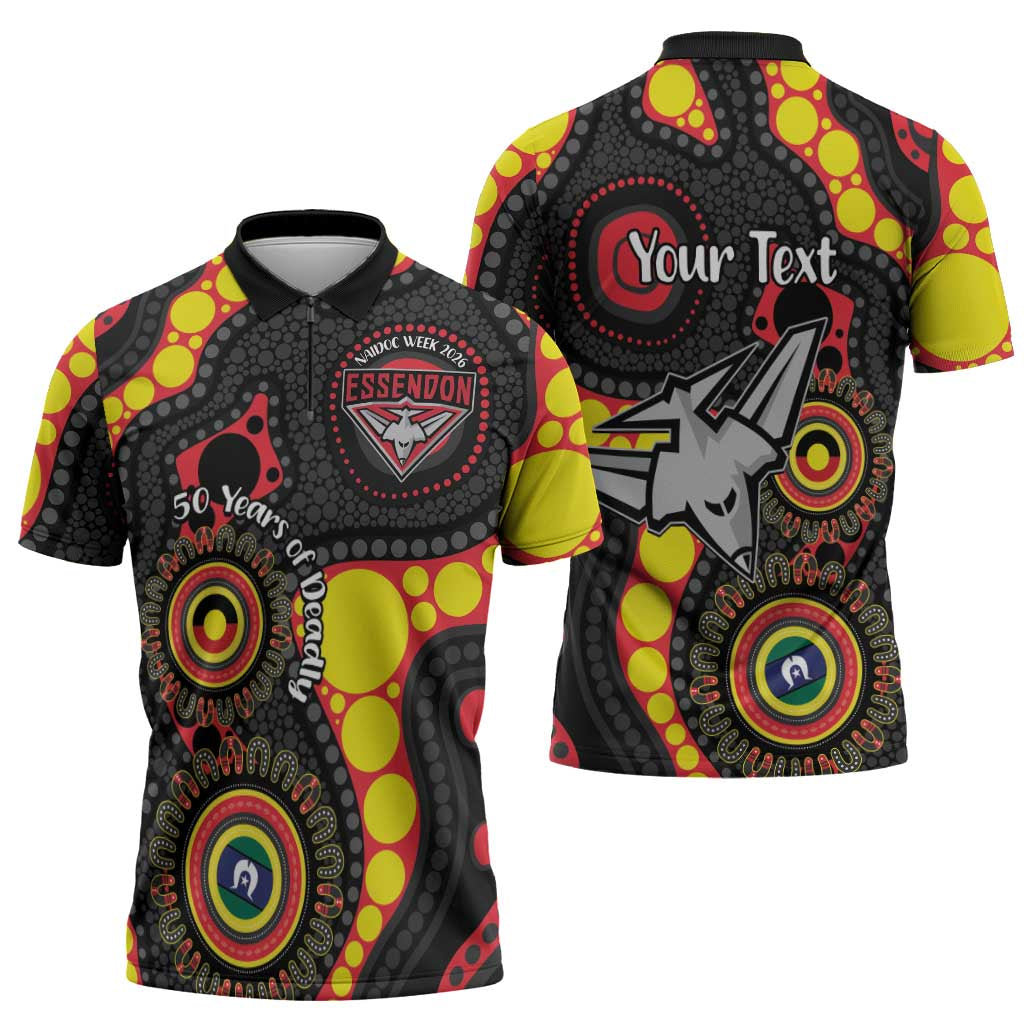 Essendon Bombers NAIDOC Week 2026 Personalised Zipper Polo Shirt 50 Years of Deadly Aboriginal Art
