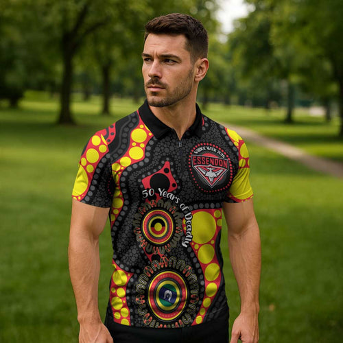 Essendon Bombers NAIDOC Week 2026 Personalised Zipper Polo Shirt 50 Years of Deadly Aboriginal Art