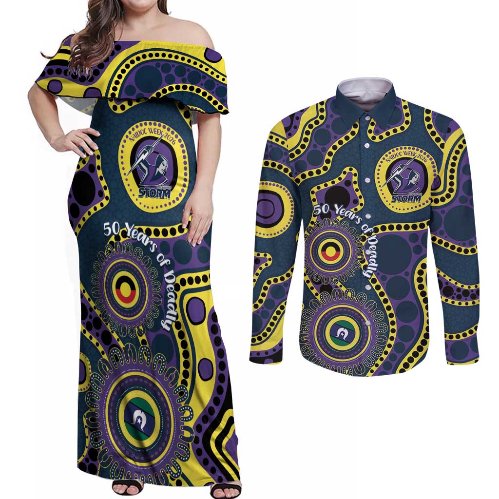 Storm NAIDOC Week 2026 Personalised Couples Matching Off Shoulder Maxi Dress and Long Sleeve Button Shirt 50 Years of Deadly Aboriginal Art