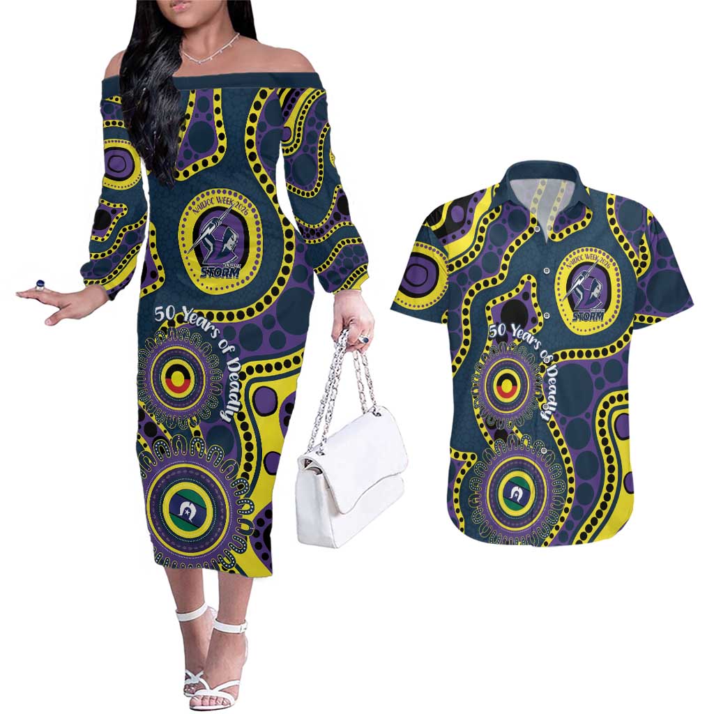Storm NAIDOC Week 2026 Personalised Couples Matching Off The Shoulder Long Sleeve Dress and Hawaiian Shirt 50 Years of Deadly Aboriginal Art