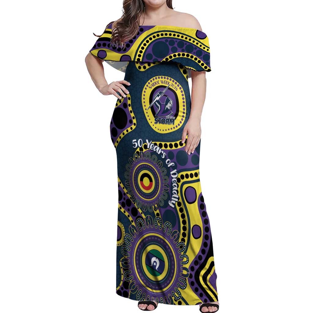 Storm NAIDOC Week 2026 Personalised Off Shoulder Maxi Dress 50 Years of Deadly Aboriginal Art