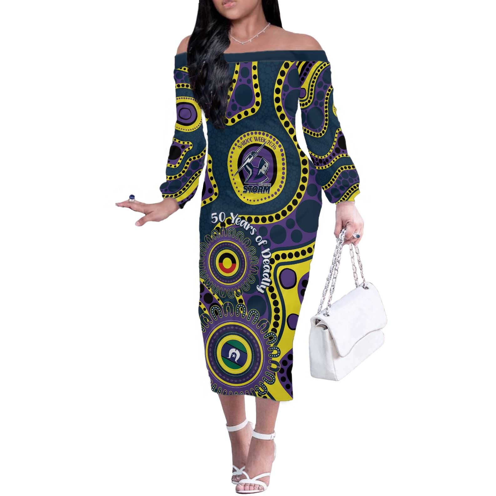 Storm NAIDOC Week 2026 Personalised Off The Shoulder Long Sleeve Dress 50 Years of Deadly Aboriginal Art