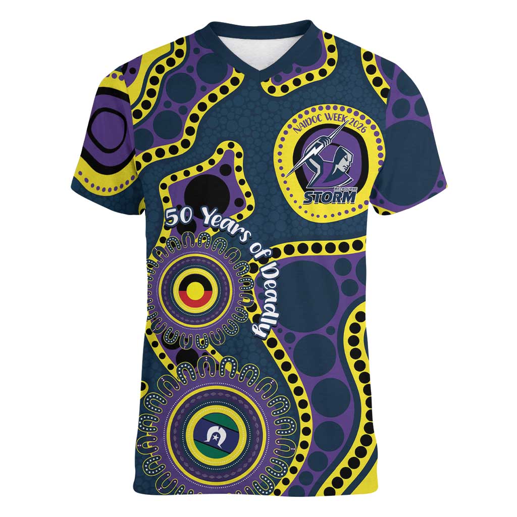 Storm NAIDOC Week 2026 Personalised Women V-Neck T-Shirt 50 Years of Deadly Aboriginal Art