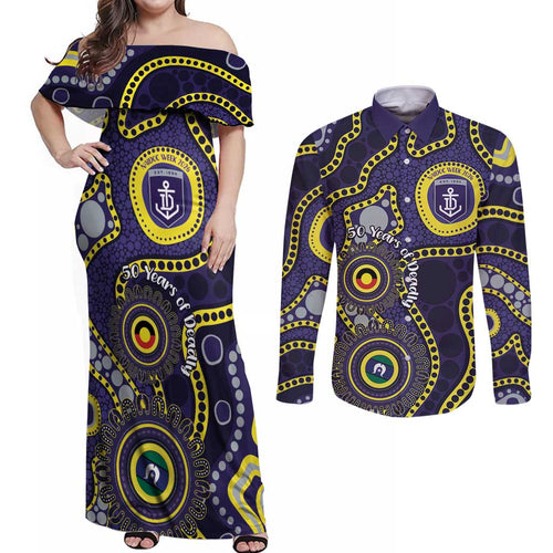 Dockers NAIDOC Week 2026 Personalised Couples Matching Off Shoulder Maxi Dress and Long Sleeve Button Shirt 50 Years of Deadly Aboriginal Art