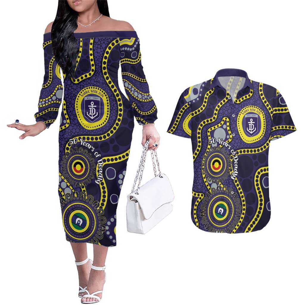 Dockers NAIDOC Week 2026 Personalised Couples Matching Off The Shoulder Long Sleeve Dress and Hawaiian Shirt 50 Years of Deadly Aboriginal Art