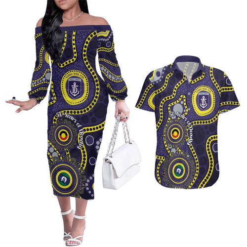 Dockers NAIDOC Week 2026 Personalised Couples Matching Off The Shoulder Long Sleeve Dress and Hawaiian Shirt 50 Years of Deadly Aboriginal Art