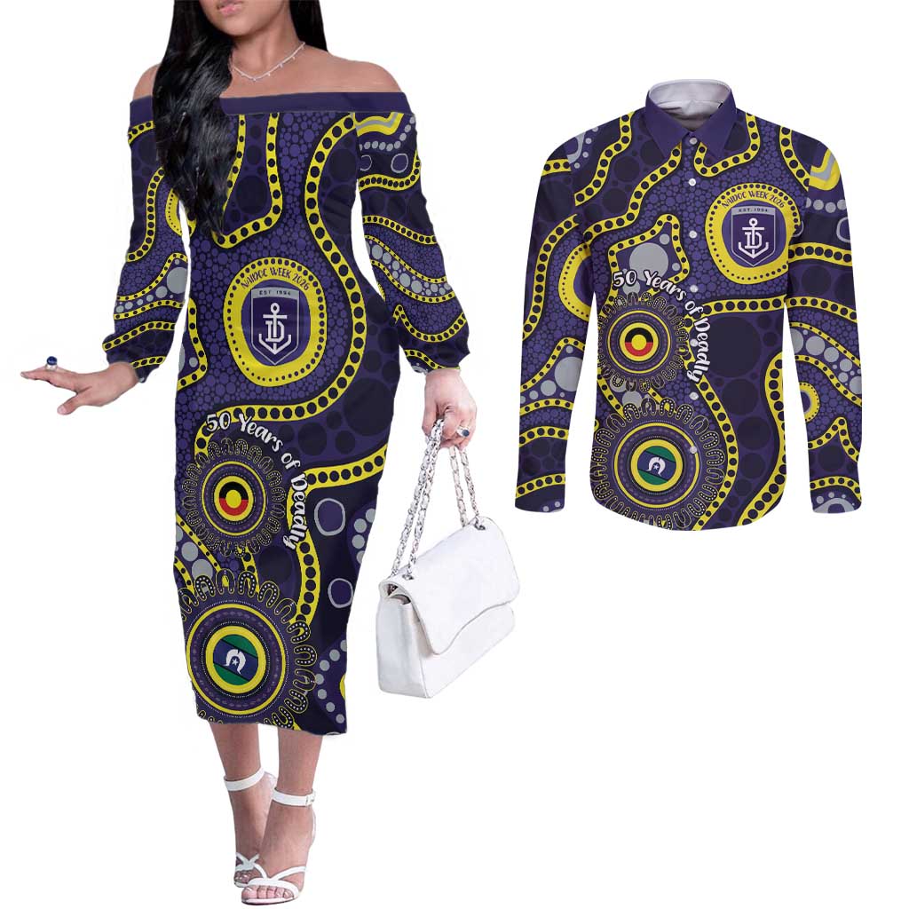 Dockers NAIDOC Week 2026 Personalised Couples Matching Off The Shoulder Long Sleeve Dress and Long Sleeve Button Shirt 50 Years of Deadly Aboriginal Art