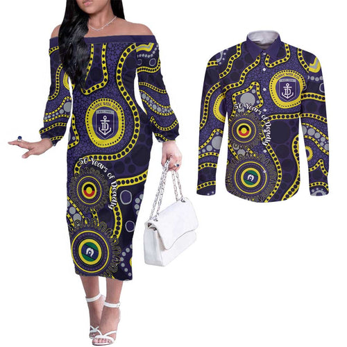 Dockers NAIDOC Week 2026 Personalised Couples Matching Off The Shoulder Long Sleeve Dress and Long Sleeve Button Shirt 50 Years of Deadly Aboriginal Art