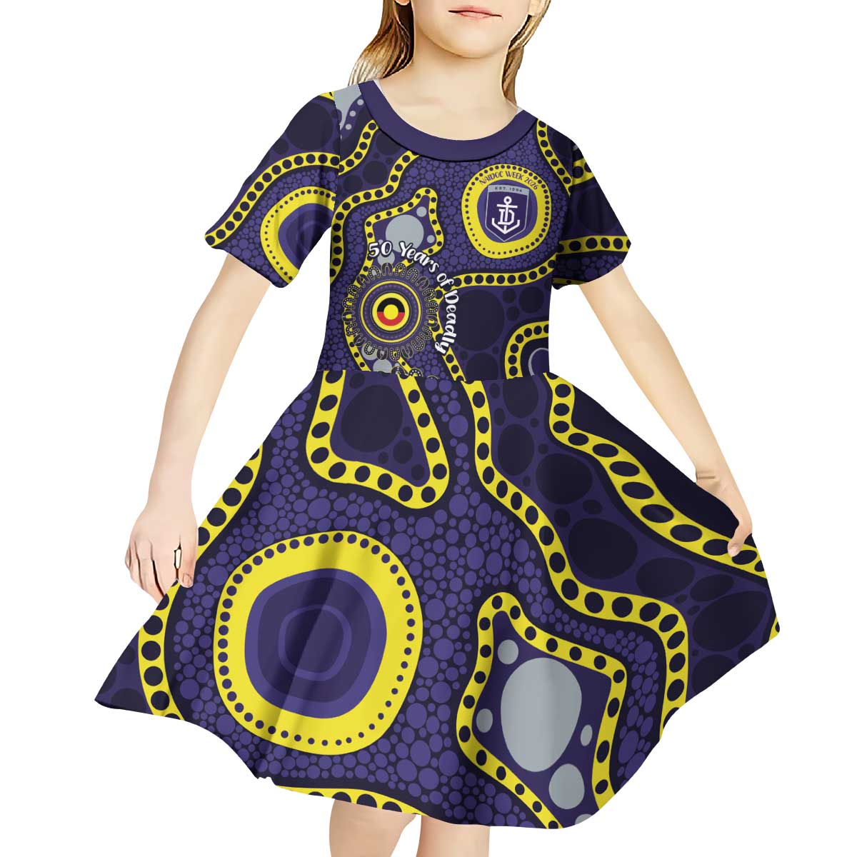 Dockers NAIDOC Week 2026 Personalised Kid Short Sleeve Dress 50 Years of Deadly Aboriginal Art