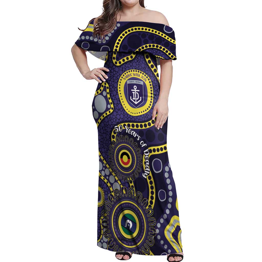 Dockers NAIDOC Week 2026 Personalised Off Shoulder Maxi Dress 50 Years of Deadly Aboriginal Art