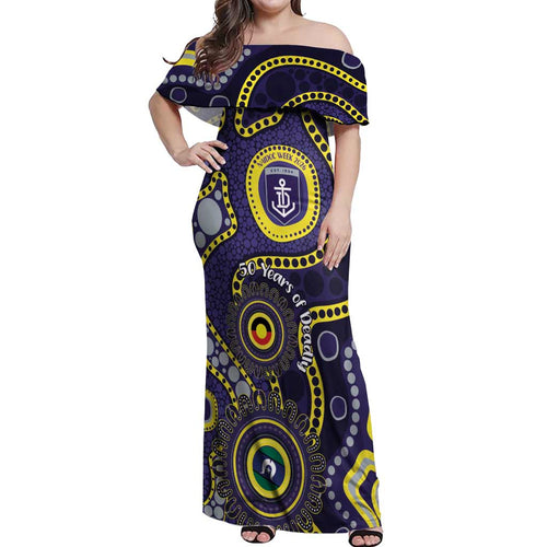 Dockers NAIDOC Week 2026 Personalised Off Shoulder Maxi Dress 50 Years of Deadly Aboriginal Art