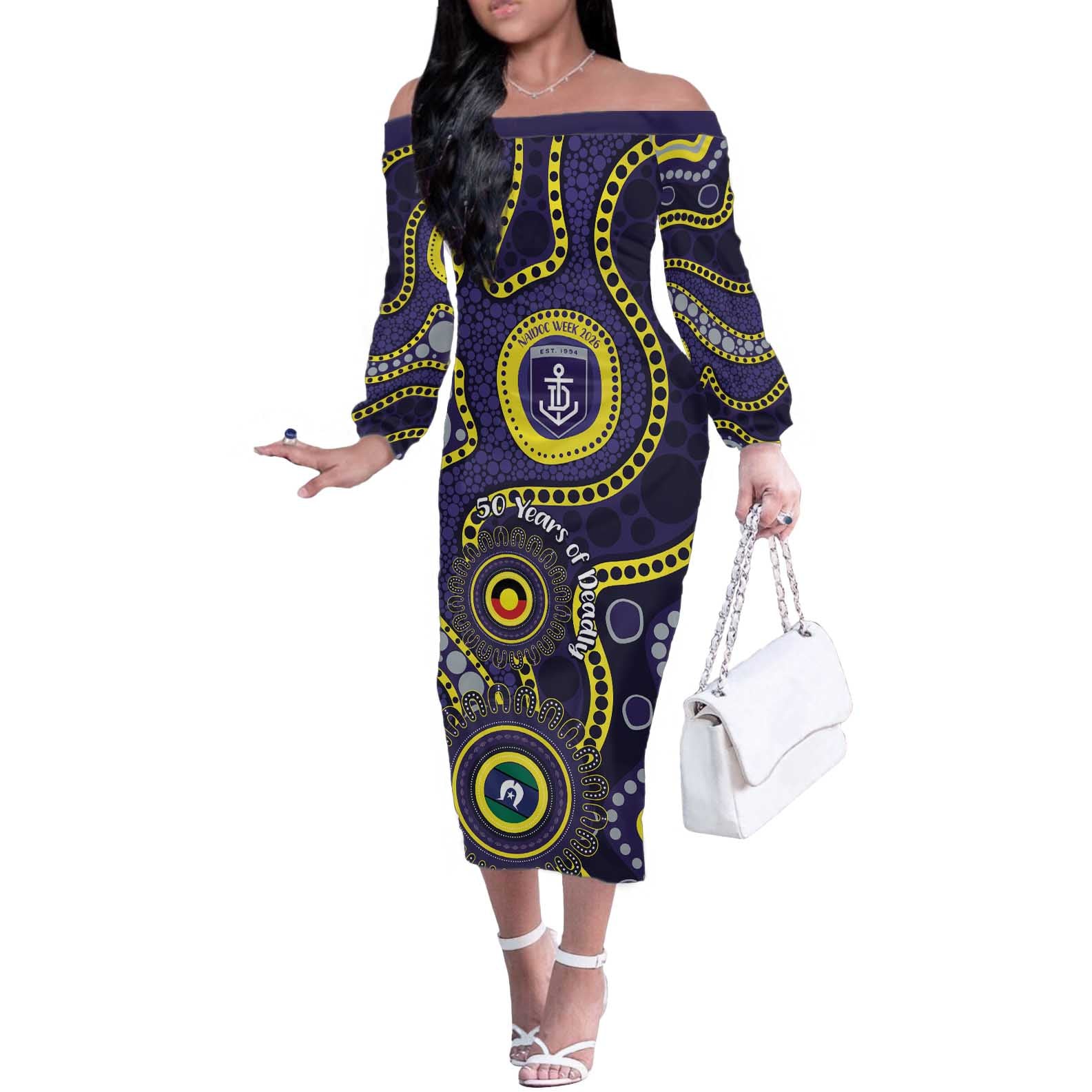 Dockers NAIDOC Week 2026 Personalised Off The Shoulder Long Sleeve Dress 50 Years of Deadly Aboriginal Art