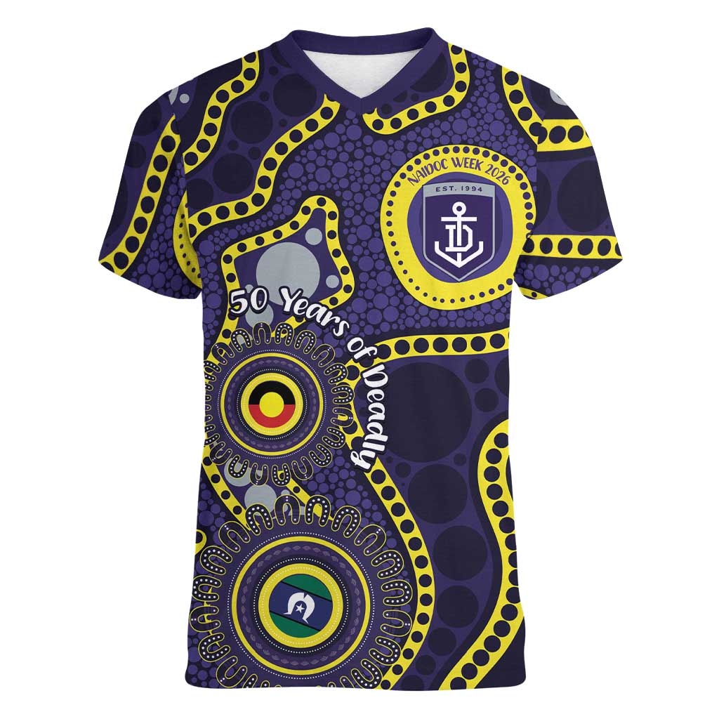 Dockers NAIDOC Week 2026 Personalised Women V-Neck T-Shirt 50 Years of Deadly Aboriginal Art