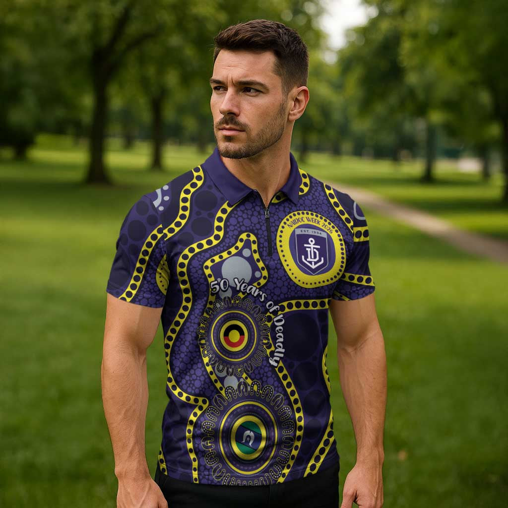 Dockers NAIDOC Week 2026 Personalised Zipper Polo Shirt 50 Years of Deadly Aboriginal Art