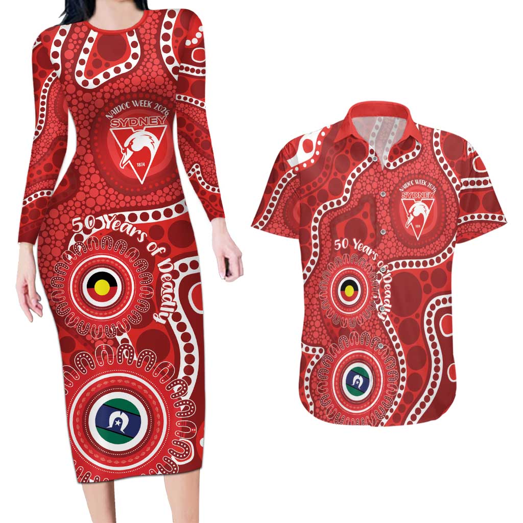 Sydney Swans NAIDOC Week 2026 Personalised Couples Matching Long Sleeve Bodycon Dress and Hawaiian Shirt 50 Years of Deadly Aboriginal Art