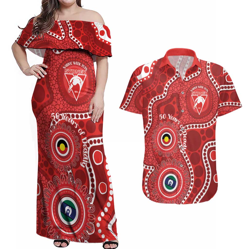Sydney Swans NAIDOC Week 2026 Personalised Couples Matching Off Shoulder Maxi Dress and Hawaiian Shirt 50 Years of Deadly Aboriginal Art