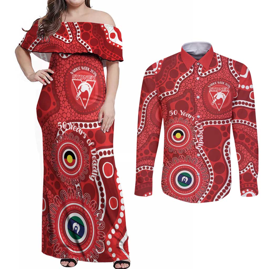 Sydney Swans NAIDOC Week 2026 Personalised Couples Matching Off Shoulder Maxi Dress and Long Sleeve Button Shirt 50 Years of Deadly Aboriginal Art