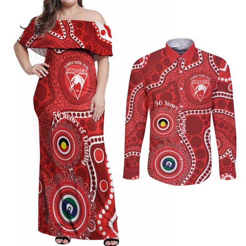 Sydney Swans NAIDOC Week 2026 Personalised Couples Matching Off Shoulder Maxi Dress and Long Sleeve Button Shirt 50 Years of Deadly Aboriginal Art