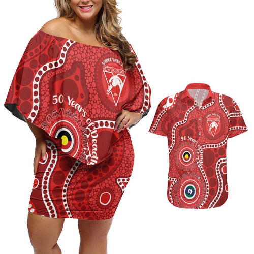Sydney Swans NAIDOC Week 2026 Personalised Couples Matching Off Shoulder Short Dress and Hawaiian Shirt 50 Years of Deadly Aboriginal Art