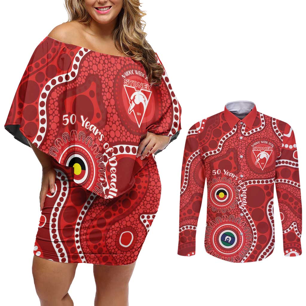 Sydney Swans NAIDOC Week 2026 Personalised Couples Matching Off Shoulder Short Dress and Long Sleeve Button Shirt 50 Years of Deadly Aboriginal Art