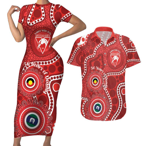 Sydney Swans NAIDOC Week 2026 Personalised Couples Matching Short Sleeve Bodycon Dress and Hawaiian Shirt 50 Years of Deadly Aboriginal Art