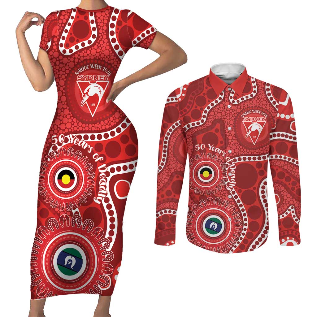 Sydney Swans NAIDOC Week 2026 Personalised Couples Matching Short Sleeve Bodycon Dress and Long Sleeve Button Shirt 50 Years of Deadly Aboriginal Art