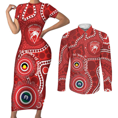 Sydney Swans NAIDOC Week 2026 Personalised Couples Matching Short Sleeve Bodycon Dress and Long Sleeve Button Shirt 50 Years of Deadly Aboriginal Art