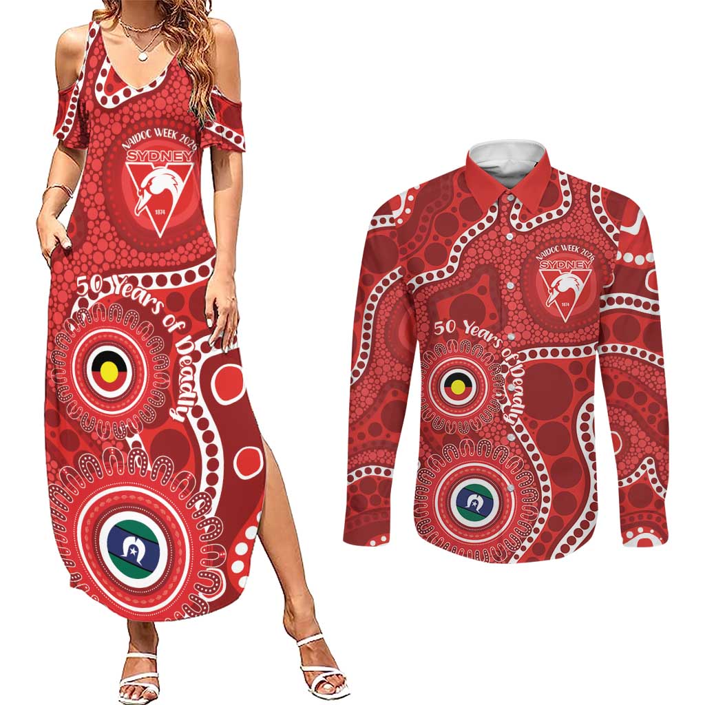Sydney Swans NAIDOC Week 2026 Personalised Couples Matching Summer Maxi Dress and Long Sleeve Button Shirt 50 Years of Deadly Aboriginal Art
