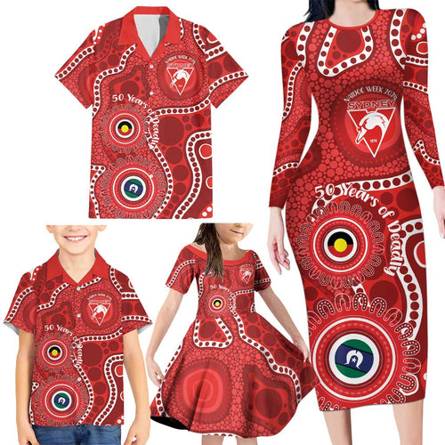 Sydney Swans NAIDOC Week 2026 Personalised Family Matching Long Sleeve Bodycon Dress and Hawaiian Shirt 50 Years of Deadly Aboriginal Art