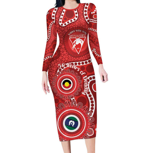 Sydney Swans NAIDOC Week 2026 Personalised Family Matching Long Sleeve Bodycon Dress and Hawaiian Shirt 50 Years of Deadly Aboriginal Art