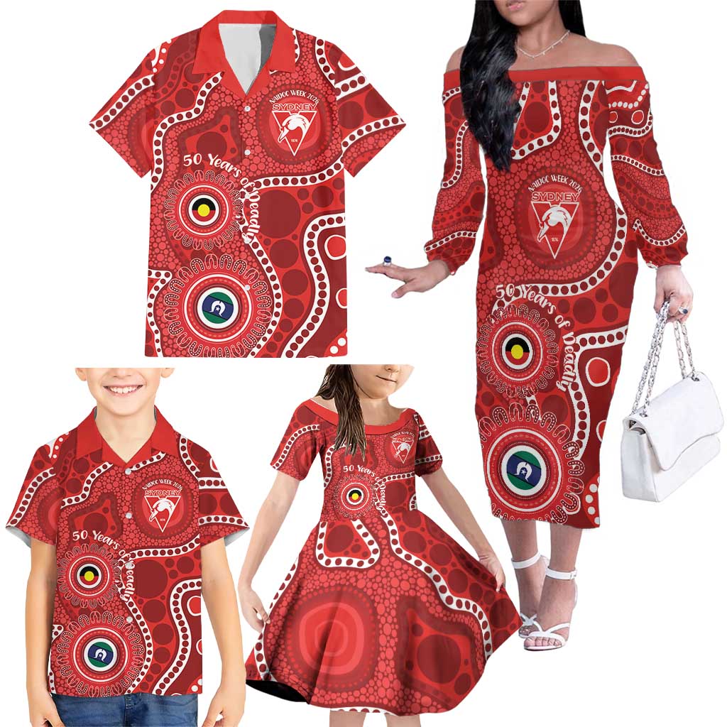 Sydney Swans NAIDOC Week 2026 Personalised Family Matching Off The Shoulder Long Sleeve Dress and Hawaiian Shirt 50 Years of Deadly Aboriginal Art