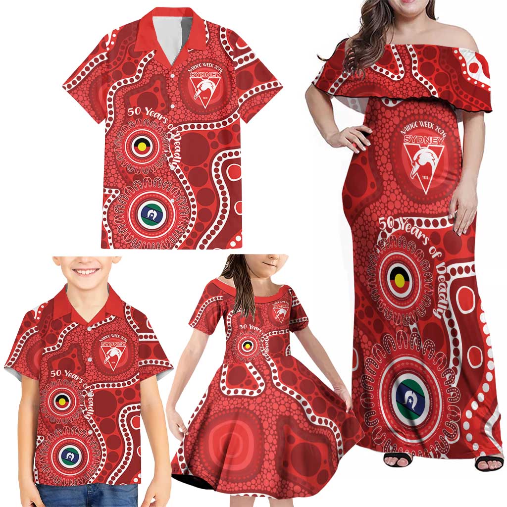 Sydney Swans NAIDOC Week 2026 Personalised Family Matching Off Shoulder Maxi Dress and Hawaiian Shirt 50 Years of Deadly Aboriginal Art