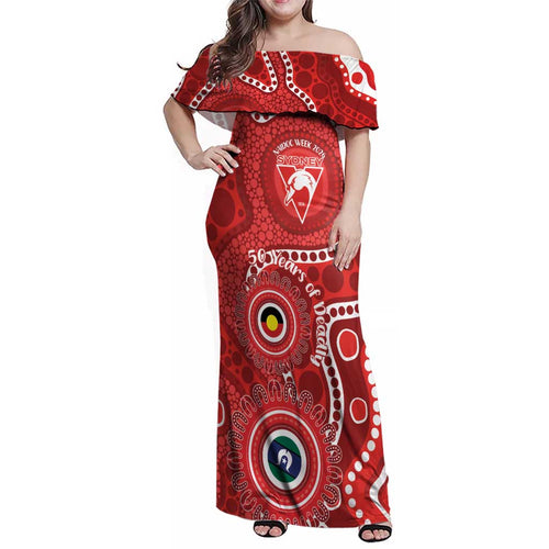 Sydney Swans NAIDOC Week 2026 Personalised Family Matching Off Shoulder Maxi Dress and Hawaiian Shirt 50 Years of Deadly Aboriginal Art