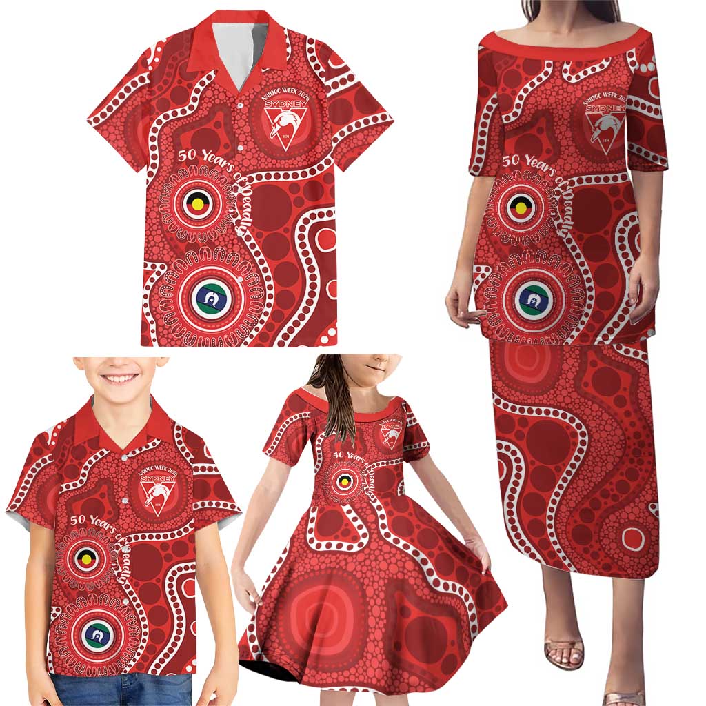 Sydney Swans NAIDOC Week 2026 Personalised Family Matching Puletasi and Hawaiian Shirt 50 Years of Deadly Aboriginal Art