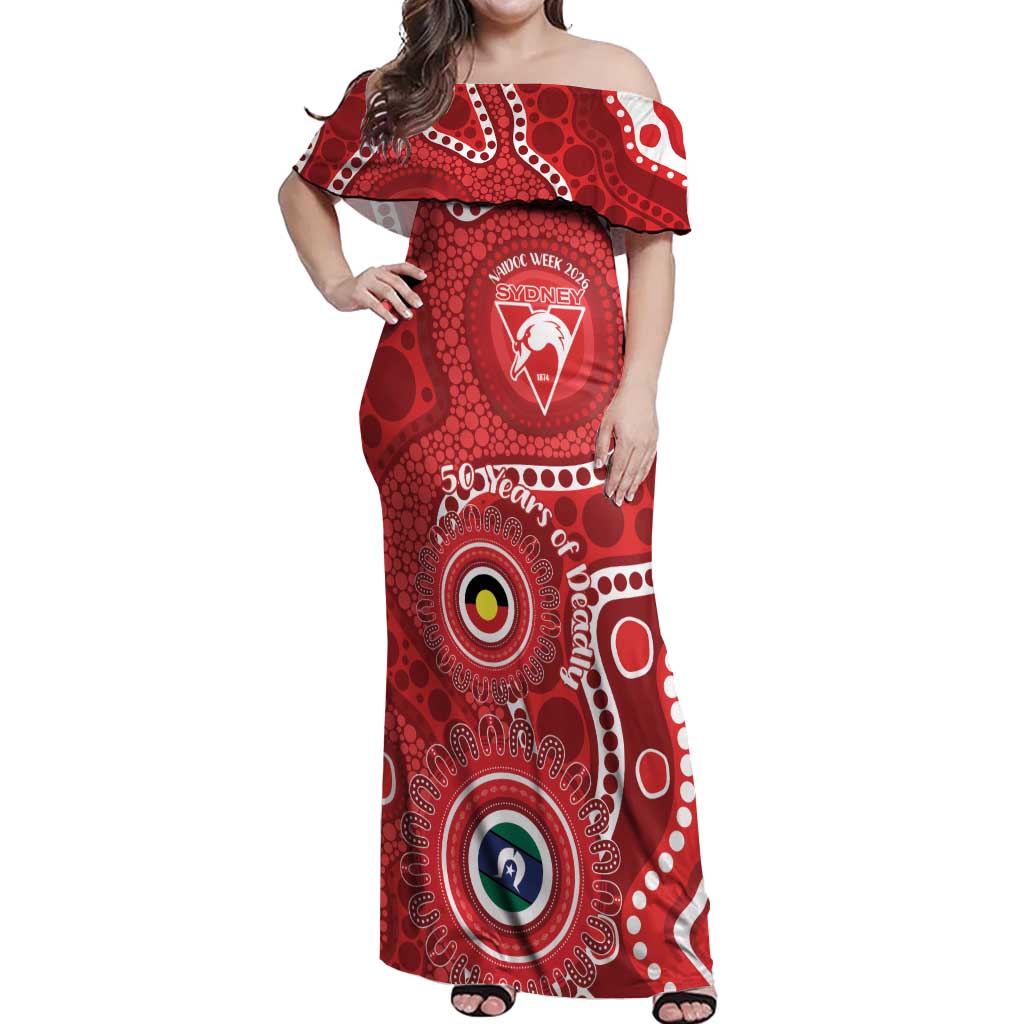 Sydney Swans NAIDOC Week 2026 Personalised Off Shoulder Maxi Dress 50 Years of Deadly Aboriginal Art
