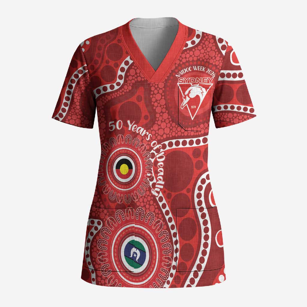 Sydney Swans NAIDOC Week 2026 Personalised Scrub Top 50 Years of Deadly Aboriginal Art