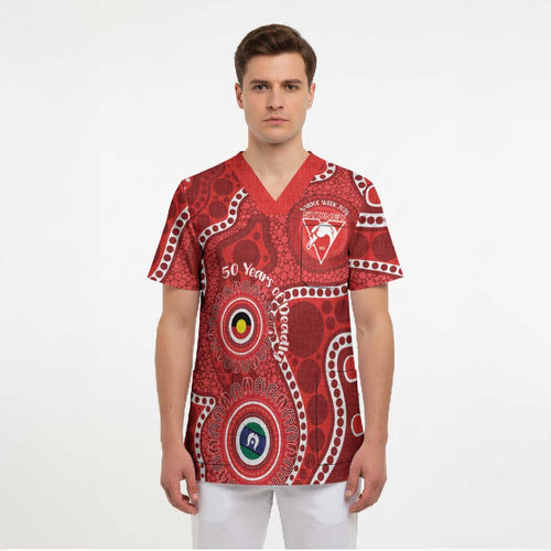 Sydney Swans NAIDOC Week 2026 Personalised Scrub Top 50 Years of Deadly Aboriginal Art