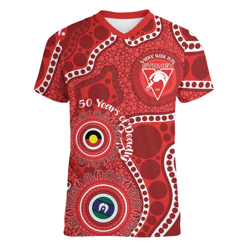 Sydney Swans NAIDOC Week 2026 Personalised Women V-Neck T-Shirt 50 Years of Deadly Aboriginal Art