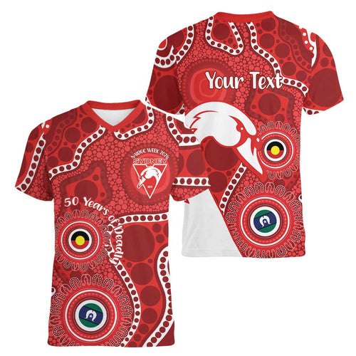 Sydney Swans NAIDOC Week 2026 Personalised Women V-Neck T-Shirt 50 Years of Deadly Aboriginal Art