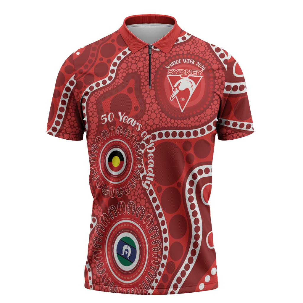 Sydney Swans NAIDOC Week 2026 Personalised Zipper Polo Shirt 50 Years of Deadly Aboriginal Art