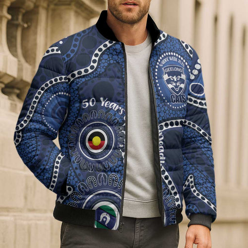 Geelong Cats NAIDOC Week 2026 Personalised Bomber Puffer Jacket 50 Years of Deadly Aboriginal Art