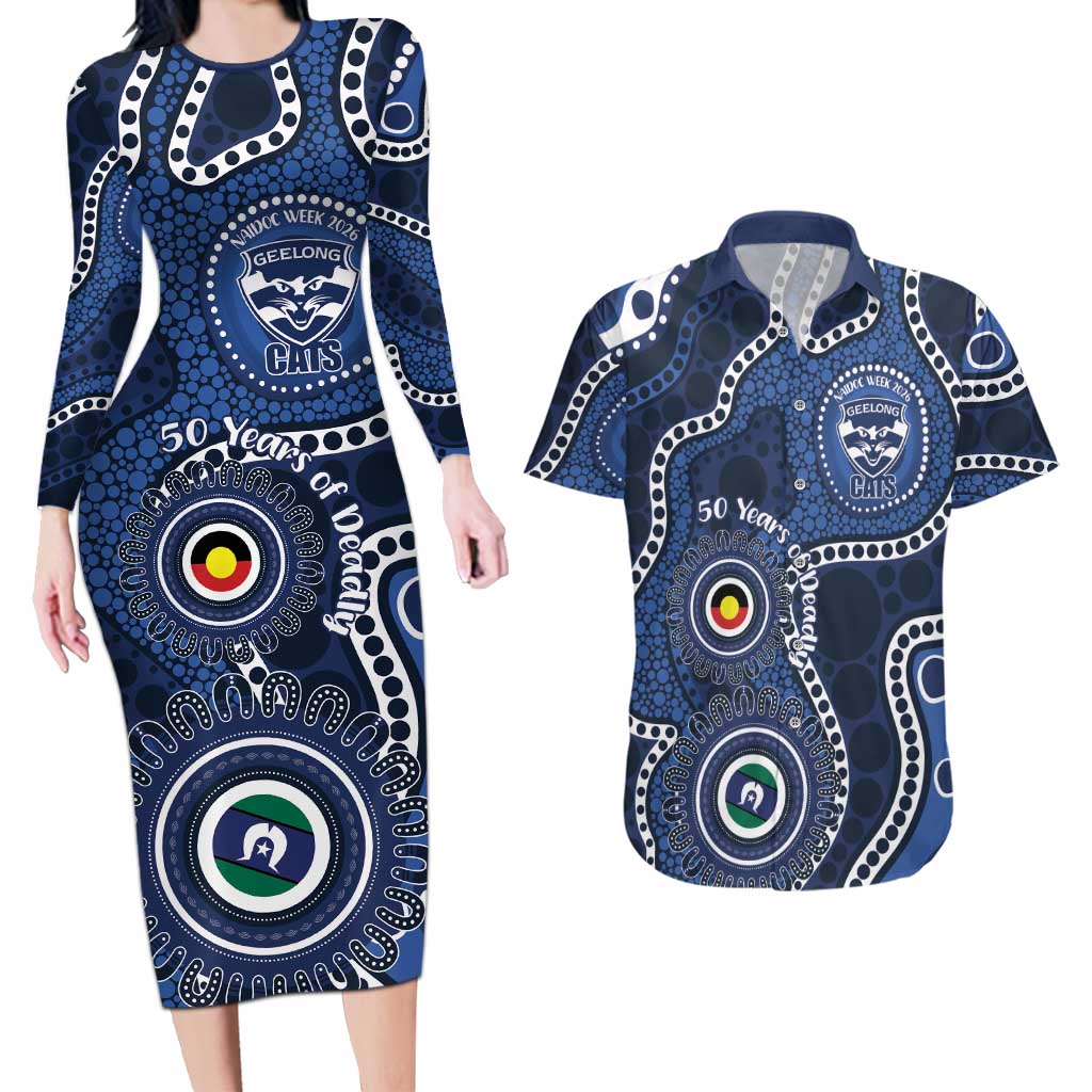 Geelong Cats NAIDOC Week 2026 Personalised Couples Matching Long Sleeve Bodycon Dress and Hawaiian Shirt 50 Years of Deadly Aboriginal Art