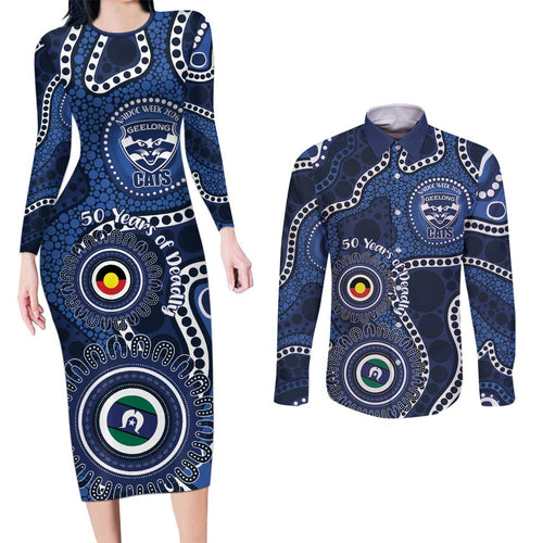 Geelong Cats NAIDOC Week 2026 Personalised Couples Matching Long Sleeve Bodycon Dress and Long Sleeve Button Shirt 50 Years of Deadly Aboriginal Art