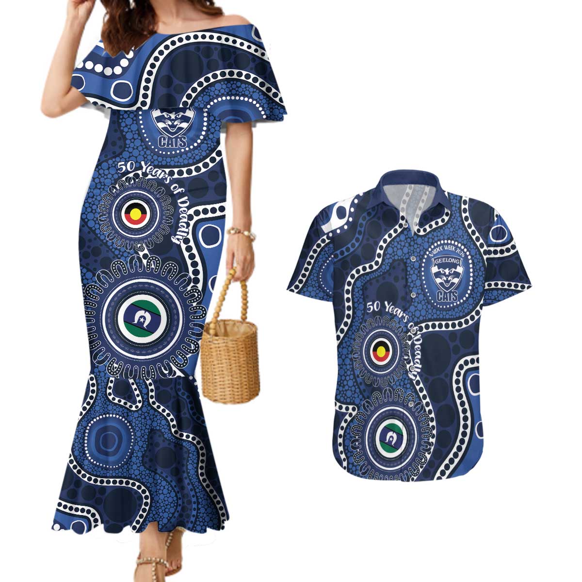 Geelong Cats NAIDOC Week 2026 Personalised Couples Matching Mermaid Dress and Hawaiian Shirt 50 Years of Deadly Aboriginal Art